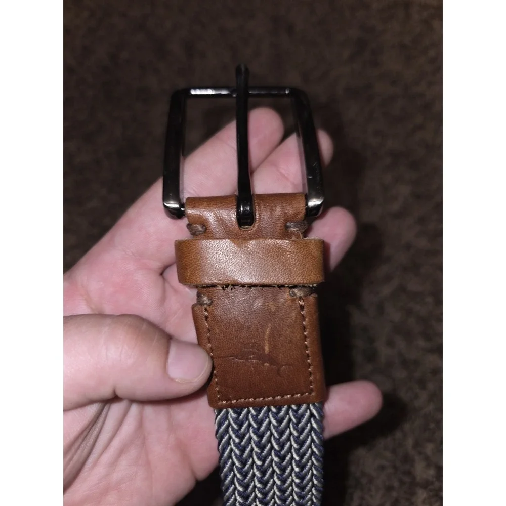 Tommy Bahama Men's Belt Size L Navy Braided Woven Stretch & Brown Leather